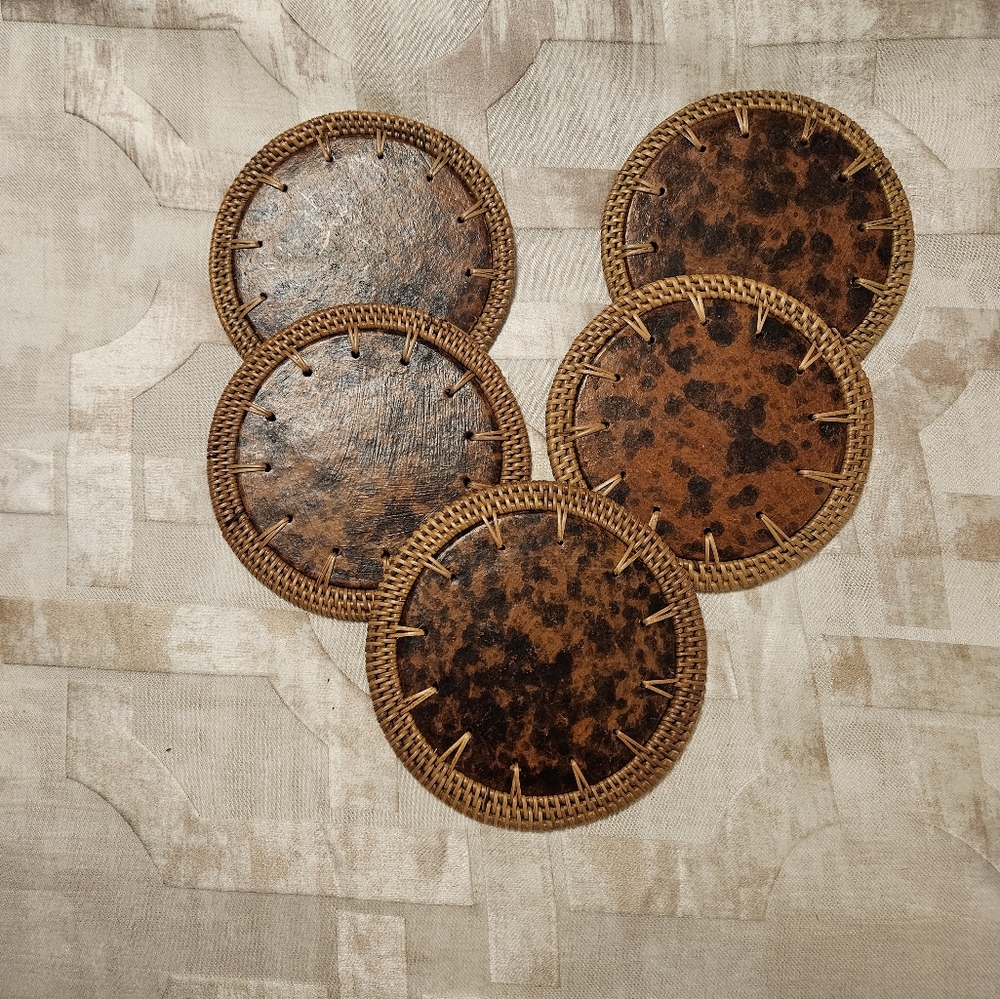 Set of 5 Brown Leather Coasters